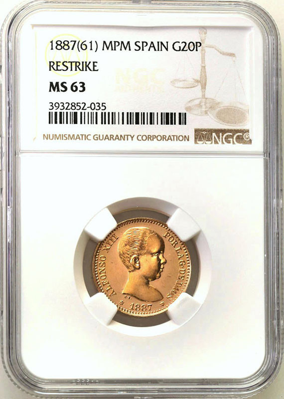 Hiszpania. Alfons XIII. 20 Pesetas 1887 nowe bicie (1961 r.) NGC MS63
